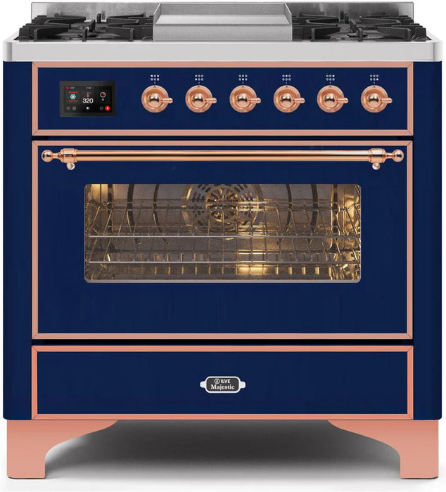 Ilve UM09FDNS3MBP Majestic II 36-Inch Freestanding Dual Fuel Range with 6 Sealed Black Brass Burners, Griddle, Electric Convection Oven, TFT Display, Warming Drawer – Midnight Blue with Copper Trim