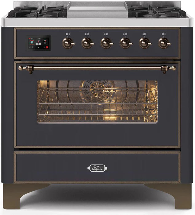 Ilve UM09FDNS3MGB Majestic II 36-Inch Freestanding Dual Fuel Range with 6 Sealed Black Brass Burners, Griddle, Electric Convection Oven, TFT Display, Warming Drawer – Matte Graphite with Burnished Trim