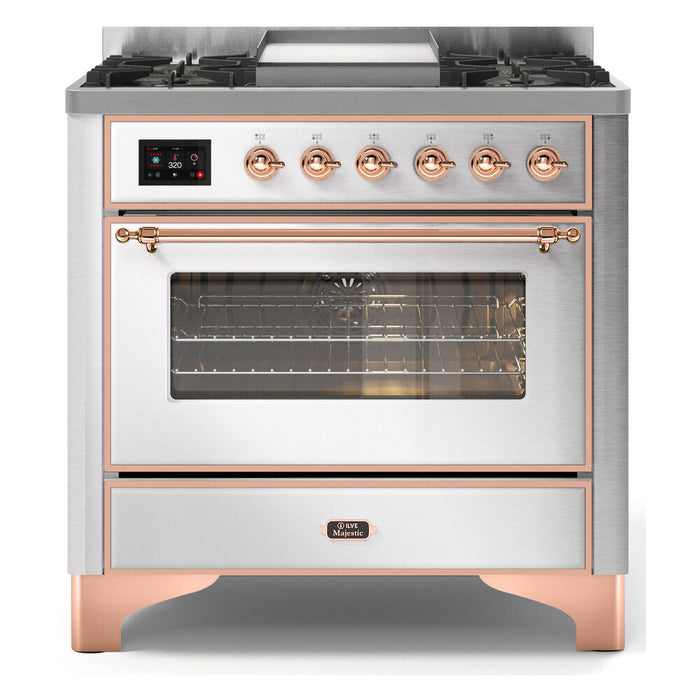 ILVE Majestic II 36 Inch Dual Fuel Range UM09FDNS3SSP Stainless Steel with Copper Trim, 6 Burners & Griddle