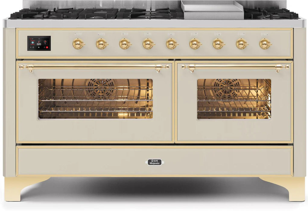 Ilve UM15FDNS3AWG 60 in Majestic II Dual Fuel Range, 9 Burner Griddle, Double Oven, Antique White, Brass
