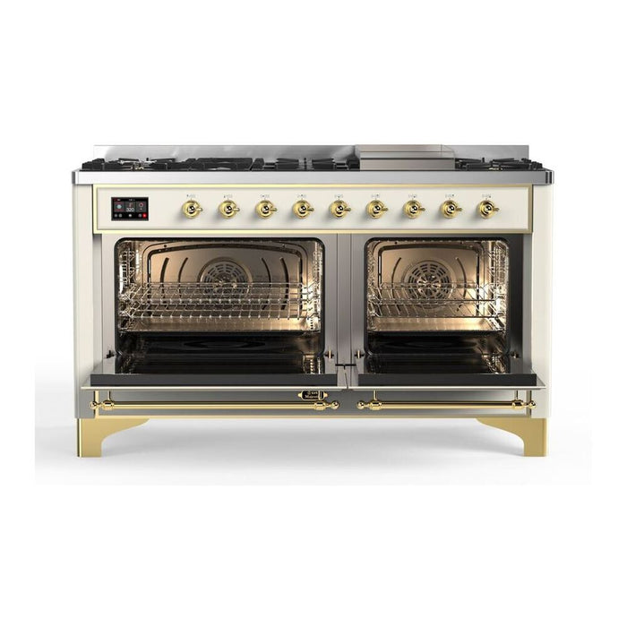 Ilve UM15FDNS3AWG 60 in Majestic II Dual Fuel Range, 9 Burner Griddle, Double Oven, Antique White, Brass