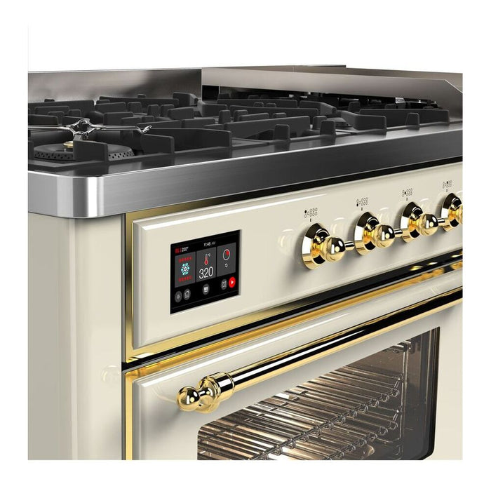 Ilve UM15FDNS3AWG 60 in Majestic II Dual Fuel Range, 9 Burner Griddle, Double Oven, Antique White, Brass