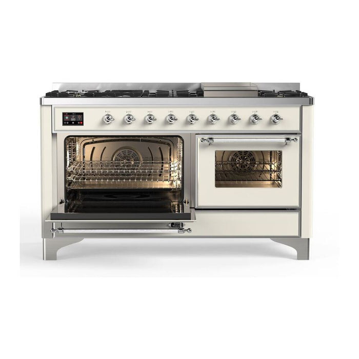 Ilve UM15FDNS3AWG 60 in Majestic II Dual Fuel Range, 9 Burner Griddle, Double Oven, Antique White, Brass