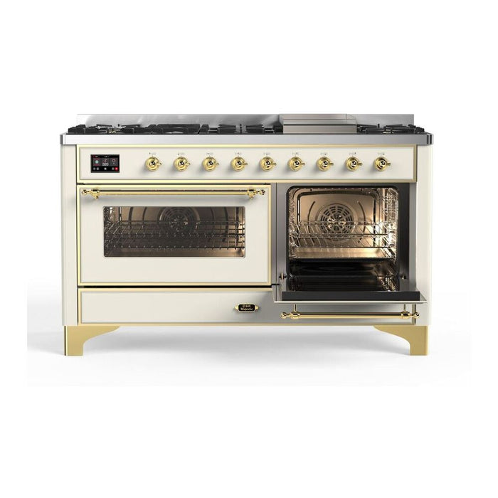 Ilve UM15FDNS3AWG 60 in Majestic II Dual Fuel Range, 9 Burner Griddle, Double Oven, Antique White, Brass