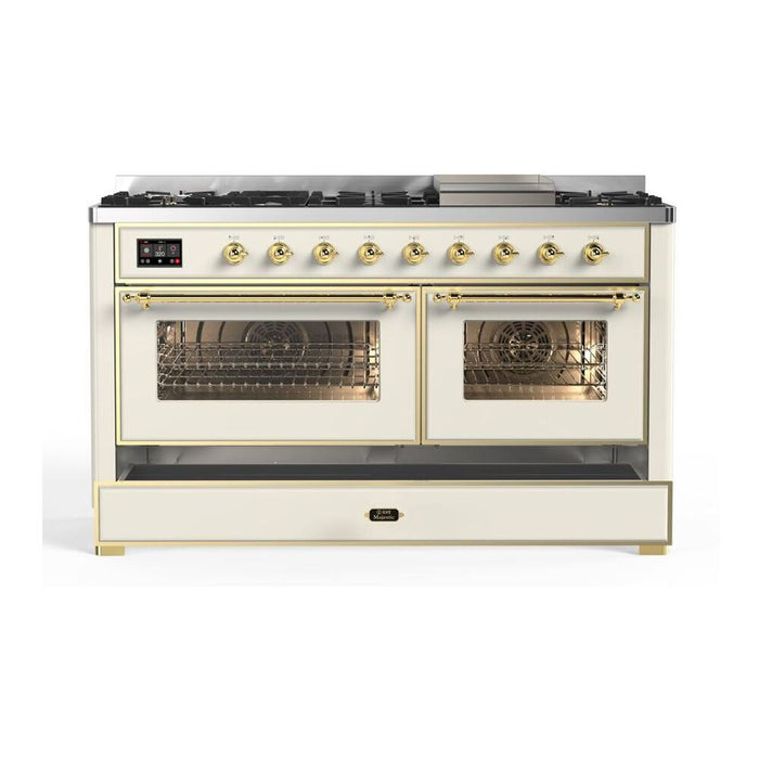 Ilve UM15FDNS3AWG 60 in Majestic II Dual Fuel Range, 9 Burner Griddle, Double Oven, Antique White, Brass