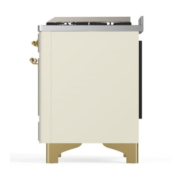 Ilve UM15FDNS3AWG 60 in Majestic II Dual Fuel Range, 9 Burner Griddle, Double Oven, Antique White, Brass
