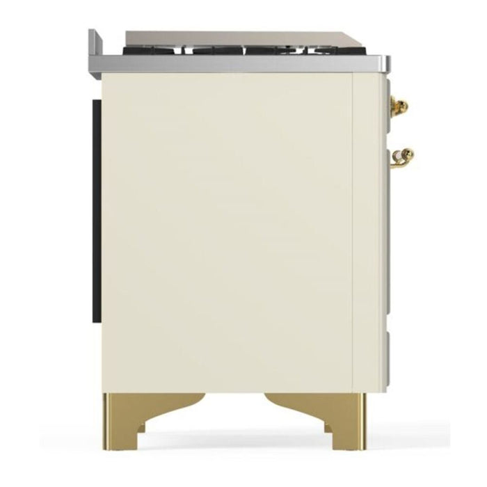 Ilve UM15FDNS3AWG 60 in Majestic II Dual Fuel Range, 9 Burner Griddle, Double Oven, Antique White, Brass
