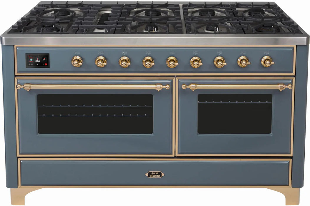 Ilve UM15FDNS3BGG 60 in Majestic II Dual Fuel Range, 9 Burner Griddle, Double Oven, Blue Grey, Brass