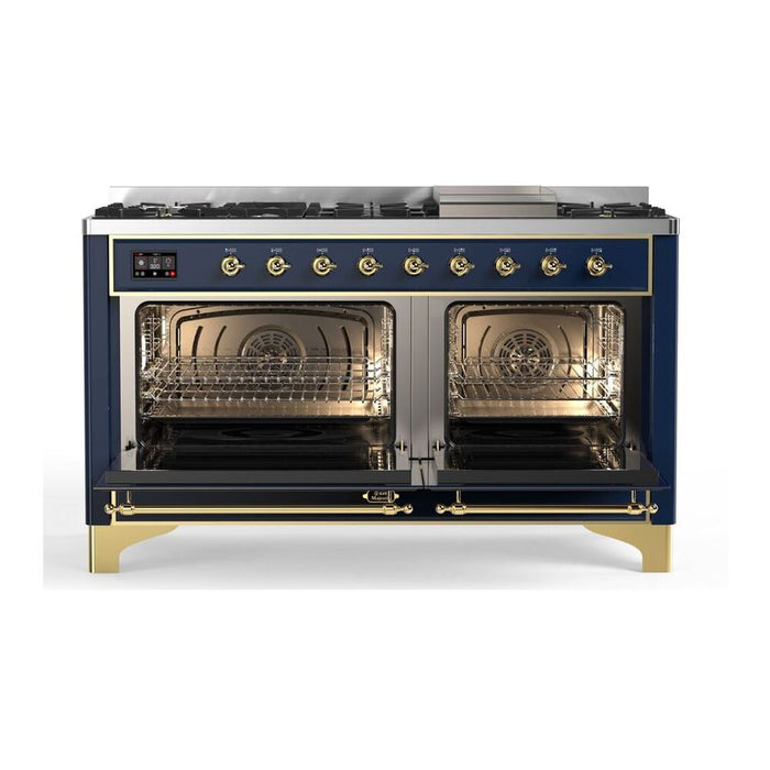 Ilve UM15FDNS3MBG 60 in Majestic II Dual Fuel Range, 9 Burner Griddle, Double Oven, Midnight Blue, Brass
