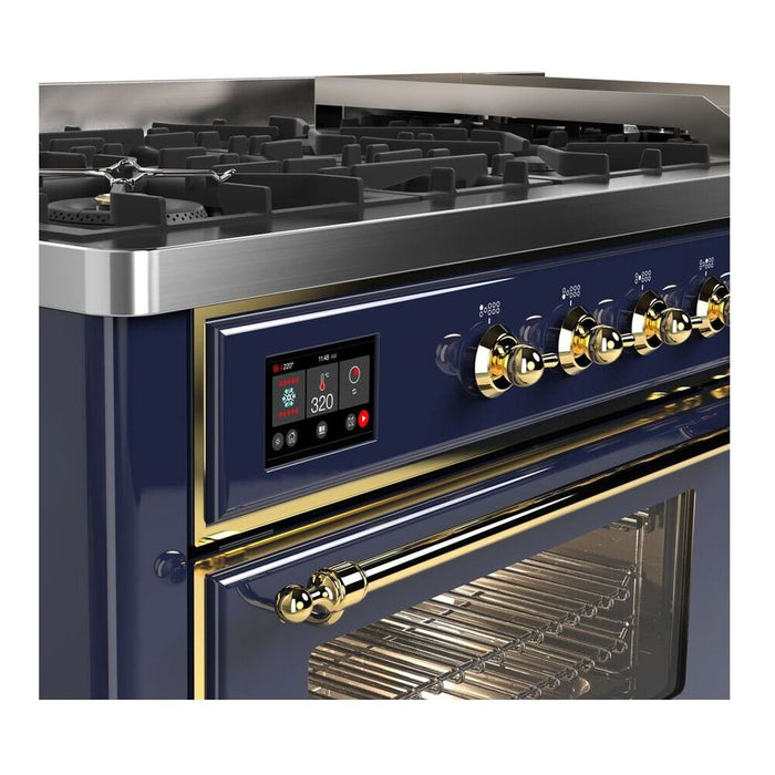 Ilve UM15FDNS3MBG 60 in Majestic II Dual Fuel Range, 9 Burner Griddle, Double Oven, Midnight Blue, Brass