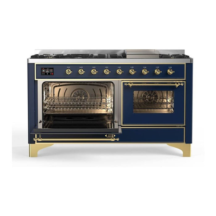 Ilve UM15FDNS3MBG 60 in Majestic II Dual Fuel Range, 9 Burner Griddle, Double Oven, Midnight Blue, Brass