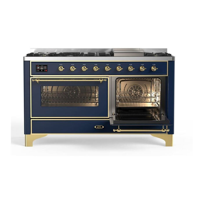 Ilve UM15FDNS3MBG 60 in Majestic II Dual Fuel Range, 9 Burner Griddle, Double Oven, Midnight Blue, Brass