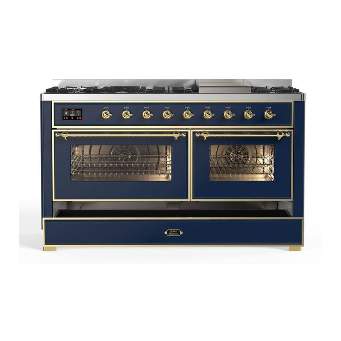 Ilve UM15FDNS3MBG 60 in Majestic II Dual Fuel Range, 9 Burner Griddle, Double Oven, Midnight Blue, Brass
