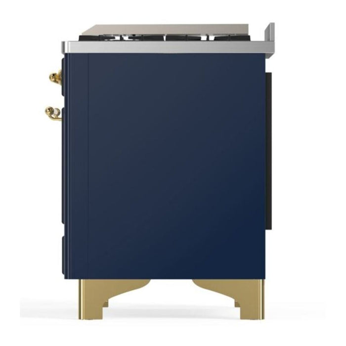 Ilve UM15FDNS3MBG 60 in Majestic II Dual Fuel Range, 9 Burner Griddle, Double Oven, Midnight Blue, Brass
