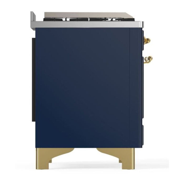 Ilve UM15FDNS3MBG 60 in Majestic II Dual Fuel Range, 9 Burner Griddle, Double Oven, Midnight Blue, Brass
