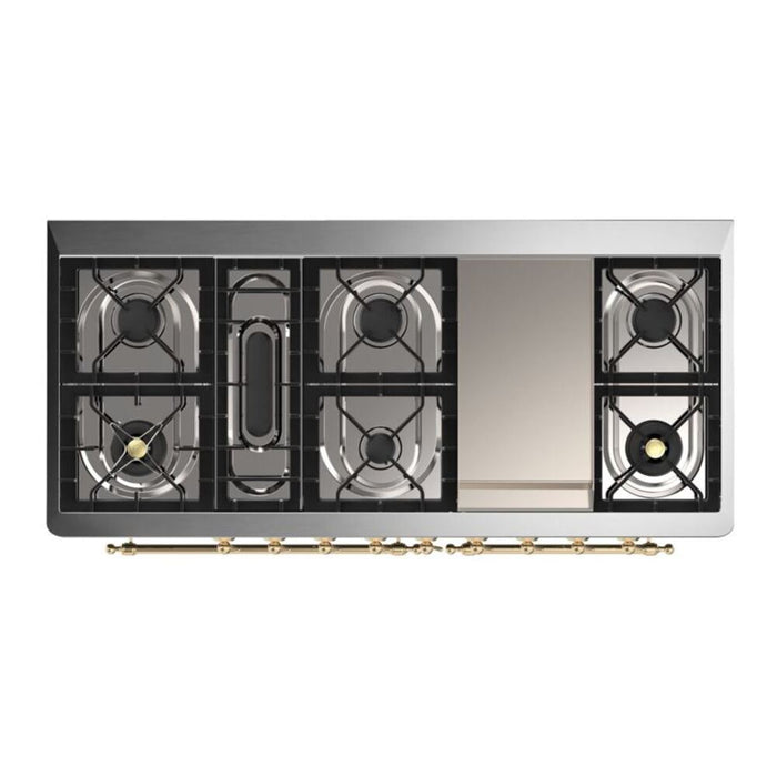 Ilve UM15FDNS3MBG 60 in Majestic II Dual Fuel Range, 9 Burner Griddle, Double Oven, Midnight Blue, Brass