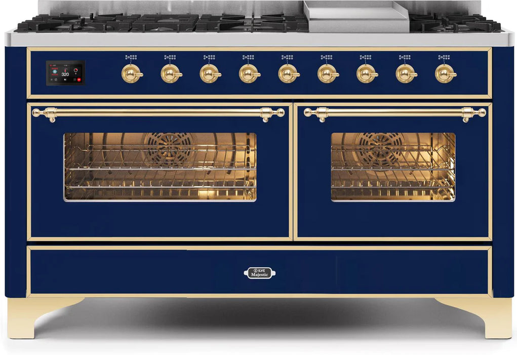 Ilve UM15FDNS3MBG 60 in Majestic II Dual Fuel Range, 9 Burner Griddle, Double Oven, Midnight Blue, Brass