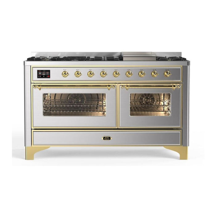 Ilve UM15FDNS3SSG 60 in Majestic II Dual Fuel Range, 9 Burners, Griddle, Double Oven, Stainless Steel, Brass, NG