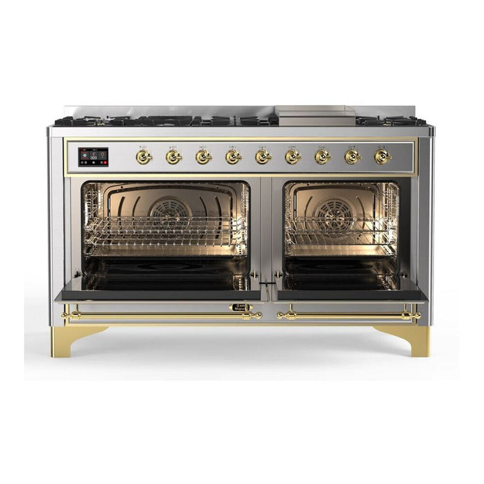 Ilve UM15FDNS3SSG 60 in Majestic II Dual Fuel Range, 9 Burners, Griddle, Double Oven, Stainless Steel, Brass, NG