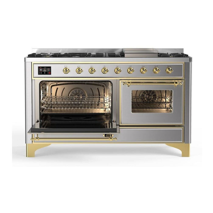 Ilve UM15FDNS3SSG 60 in Majestic II Dual Fuel Range, 9 Burners, Griddle, Double Oven, Stainless Steel, Brass, NG
