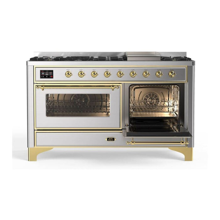 Ilve UM15FDNS3SSG 60 in Majestic II Dual Fuel Range, 9 Burners, Griddle, Double Oven, Stainless Steel, Brass, NG