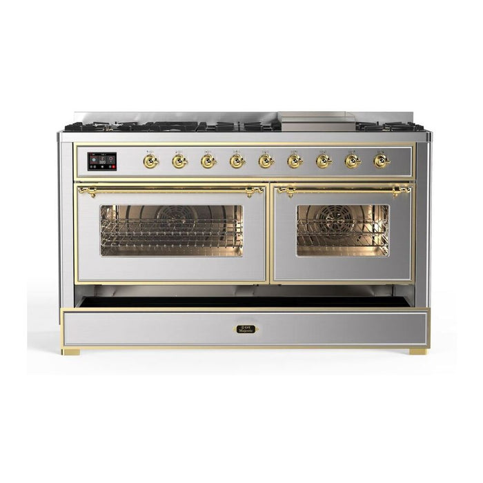Ilve UM15FDNS3SSG 60 in Majestic II Dual Fuel Range, 9 Burners, Griddle, Double Oven, Stainless Steel, Brass, NG
