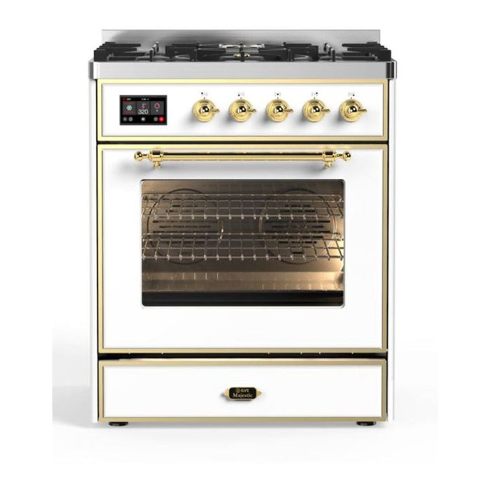 Ilve UM30DNE3WHG 30 in Majestic II Dual Fuel Range, 5 Burners, Triple Glass Door, White, Brass