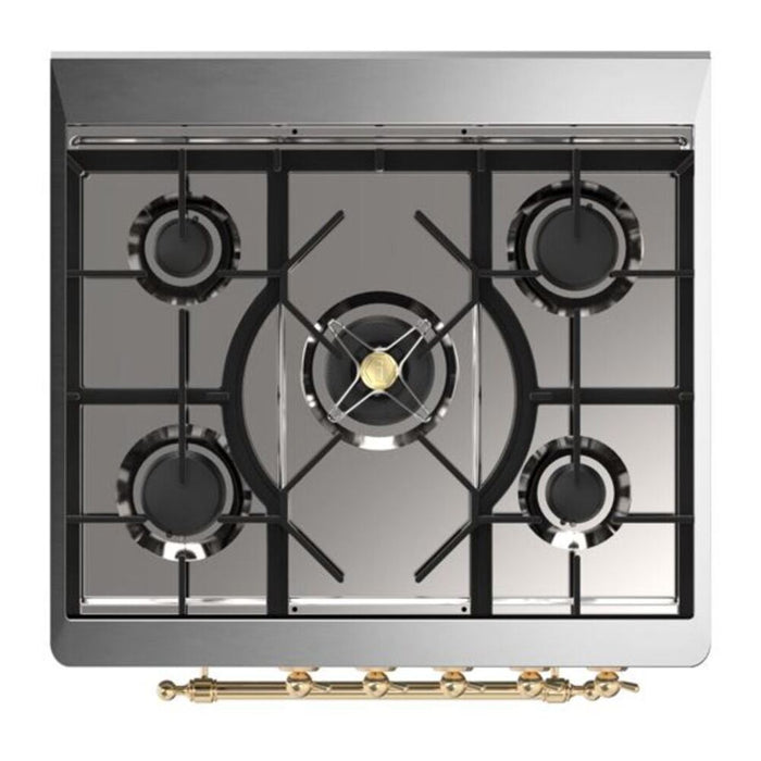 Ilve UM30DNE3WHG 30 in Majestic II Dual Fuel Range, 5 Burners, Triple Glass Door, White, Brass