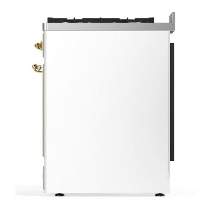 Ilve UM30DNE3WHG 30 in Majestic II Dual Fuel Range, 5 Burners, Triple Glass Door, White, Brass