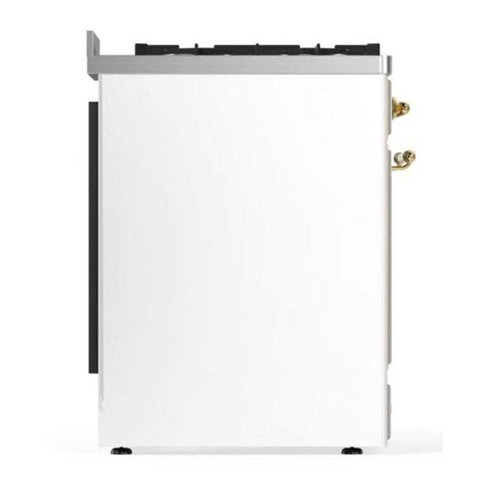 Ilve UM30DNE3WHG 30 in Majestic II Dual Fuel Range, 5 Burners, Triple Glass Door, White, Brass