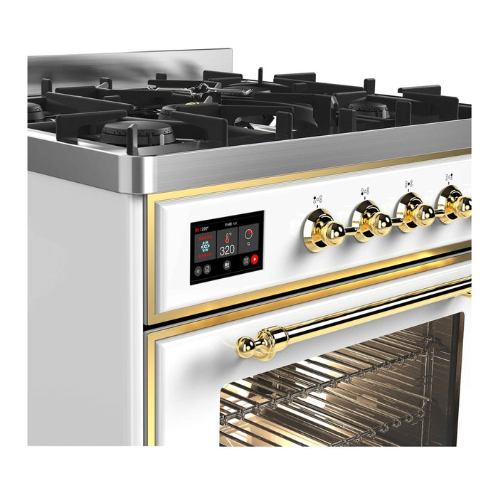 Ilve UM30DNE3WHG 30 in Majestic II Dual Fuel Range, 5 Burners, Triple Glass Door, White, Brass