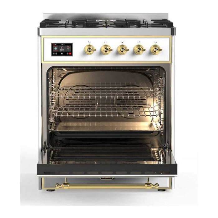 Ilve UM30DNE3WHG 30 in Majestic II Dual Fuel Range, 5 Burners, Triple Glass Door, White, Brass