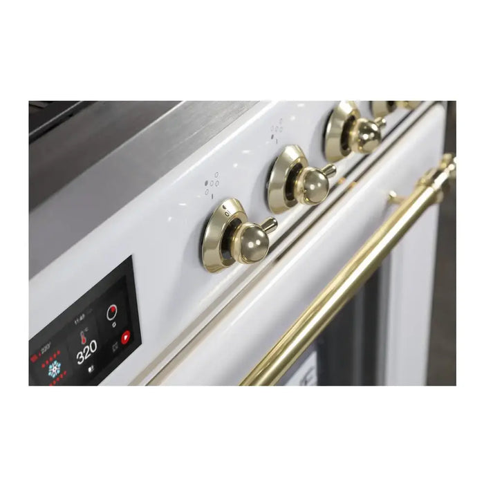Ilve UM30DNE3WHG 30 in Majestic II Dual Fuel Range, 5 Burners, Triple Glass Door, White, Brass