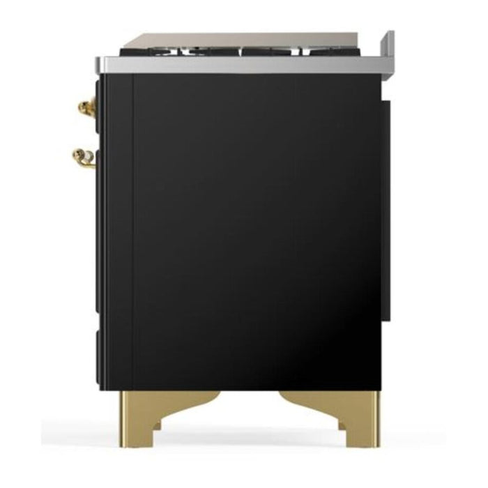 Ilve UMD10FDNS3BKG 40 in Majestic II Dual Fuel Range, 6 Burner Griddle, Double Oven, Glossy Black, Brass