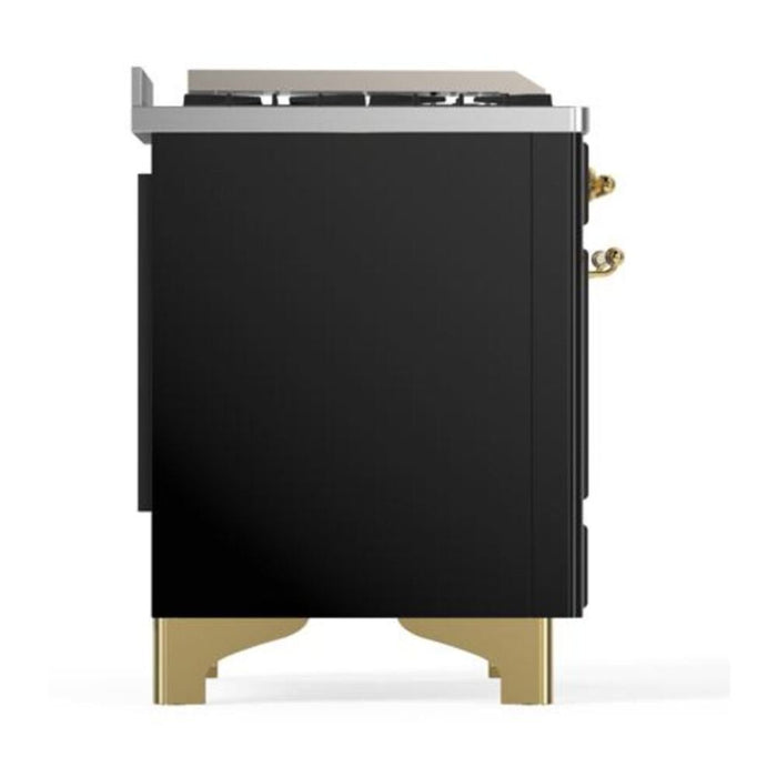 Ilve UMD10FDNS3BKG 40 in Majestic II Dual Fuel Range, 6 Burner Griddle, Double Oven, Glossy Black, Brass