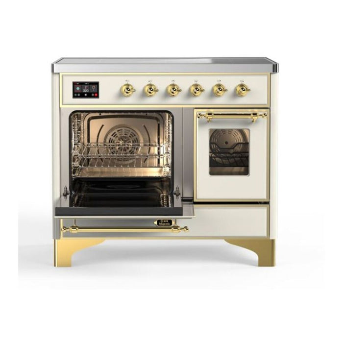 Ilve UMDI10NS3AWG 40 in Majestic II Induction Range, Double Oven, Antique White, Brass