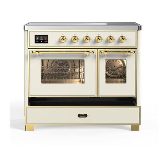 Ilve UMDI10NS3AWG 40 in Majestic II Induction Range, Double Oven, Antique White, Brass