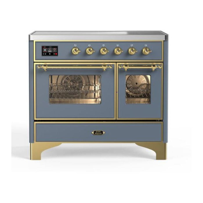 Ilve UMDI10NS3BGG 40 in Majestic II Induction Range, 6 Elements, Double Oven, Blue Grey, Brass