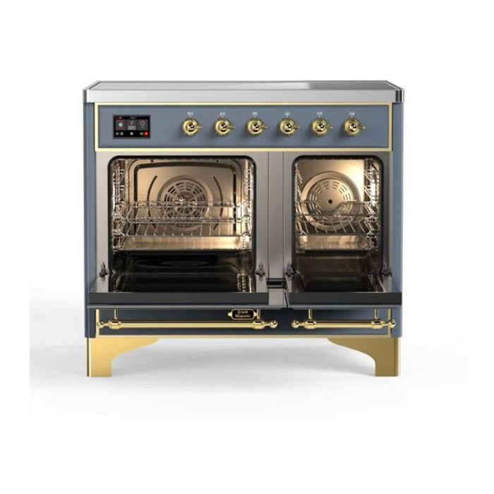 Ilve UMDI10NS3BGG 40 in Majestic II Induction Range, 6 Elements, Double Oven, Blue Grey, Brass