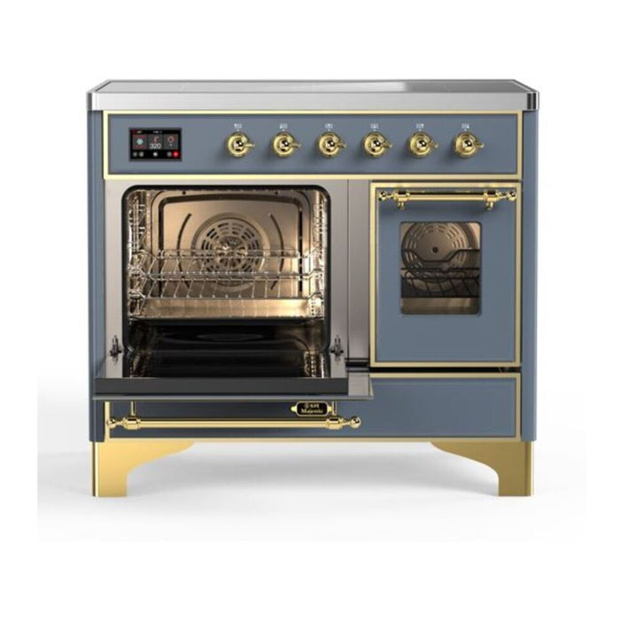 Ilve UMDI10NS3BGG 40 in Majestic II Induction Range, 6 Elements, Double Oven, Blue Grey, Brass