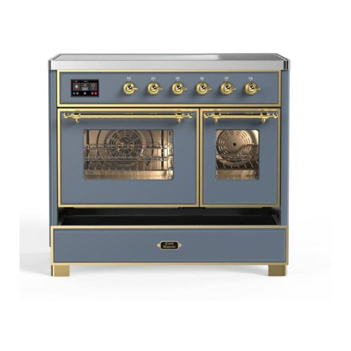 Ilve UMDI10NS3BGG 40 in Majestic II Induction Range, 6 Elements, Double Oven, Blue Grey, Brass