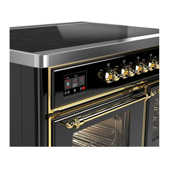 Ilve UMDI10NS3BKG 40 in Majestic II Induction Range, 6 Elements, Double Oven, Glossy Black, Brass