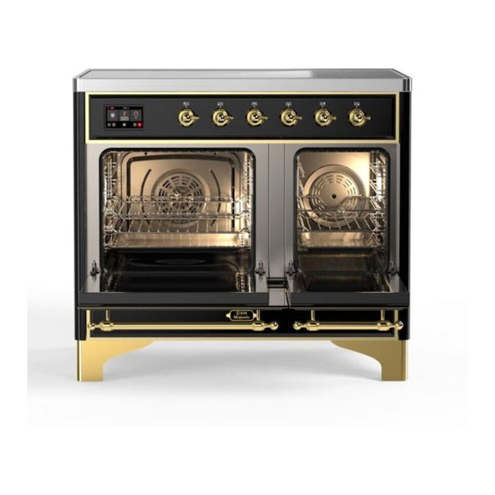 Ilve UMDI10NS3BKG 40 in Majestic II Induction Range, 6 Elements, Double Oven, Glossy Black, Brass
