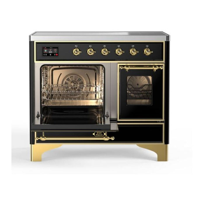 Ilve UMDI10NS3BKG 40 in Majestic II Induction Range, 6 Elements, Double Oven, Glossy Black, Brass