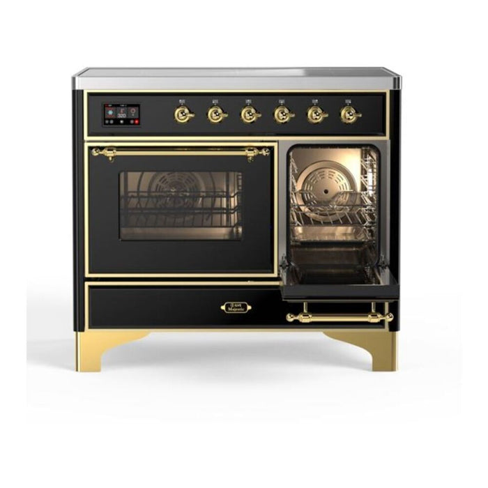 Ilve UMDI10NS3BKG 40 in Majestic II Induction Range, 6 Elements, Double Oven, Glossy Black, Brass