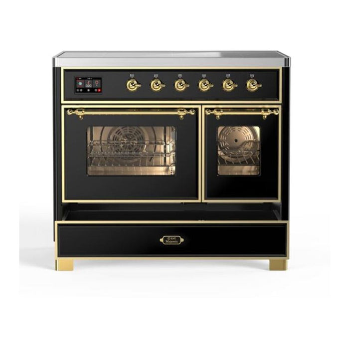 Ilve UMDI10NS3BKG 40 in Majestic II Induction Range, 6 Elements, Double Oven, Glossy Black, Brass