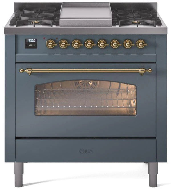 Ilve UP36FNMPBGGLP 36 in Nostalgie II Dual Fuel Range, 6 Burners, Griddle, Convection Oven, Blue Grey, Brass, LP Gas