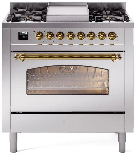 Ilve UP36FNMPSSGLP 36 in Nostalgie II Dual Fuel Range, 6 Burners, Griddle, Convection Oven, Stainless Steel, Brass, LP Gas