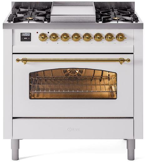 Ilve UP36FNMPWHGLP 36 in Nostalgie II Dual Fuel Range, 6 Burners, Griddle, Convection Oven, White, Brass, LP Gas