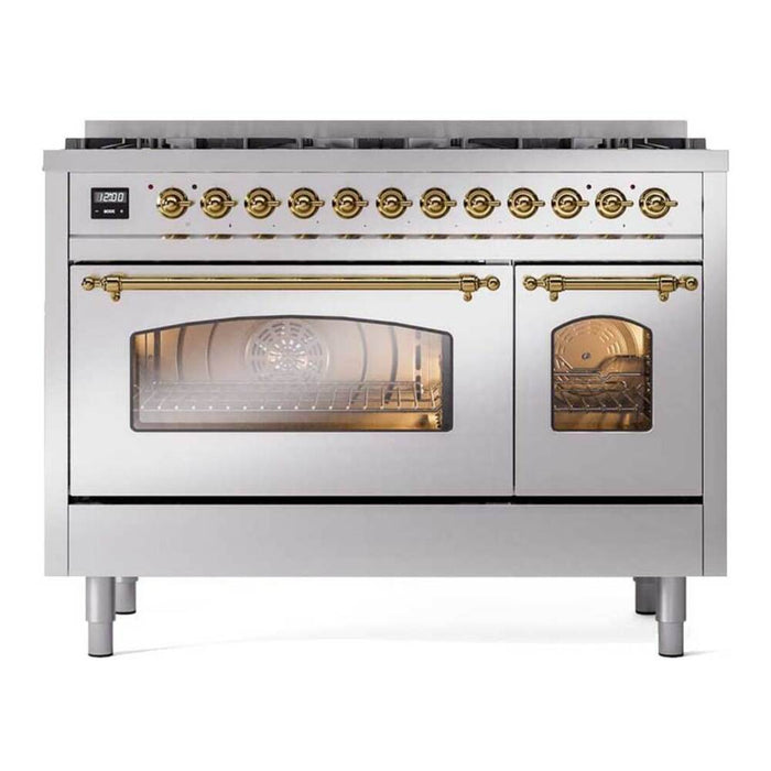 Ilve UP488NMPSSG 48 in Nostalgie II Dual Fuel Range, 8 Total Black Brass Burners, Double Oven, Stainless Steel, Brass